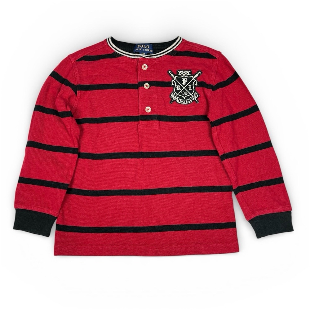 Polo Ralph‎ Lauren EUC Boy's Henley Shirt Red Striped Rowing Club Crest Size 4